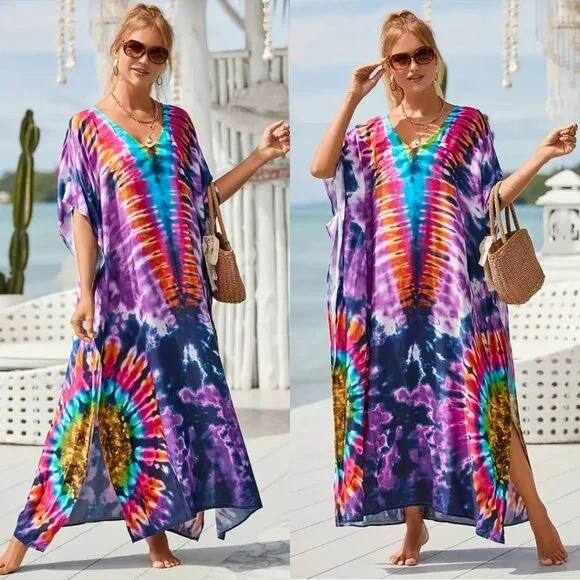 Kaftan Tie Dye Dress Maxi Swim Cover Up NEW - Picture 3 of 8